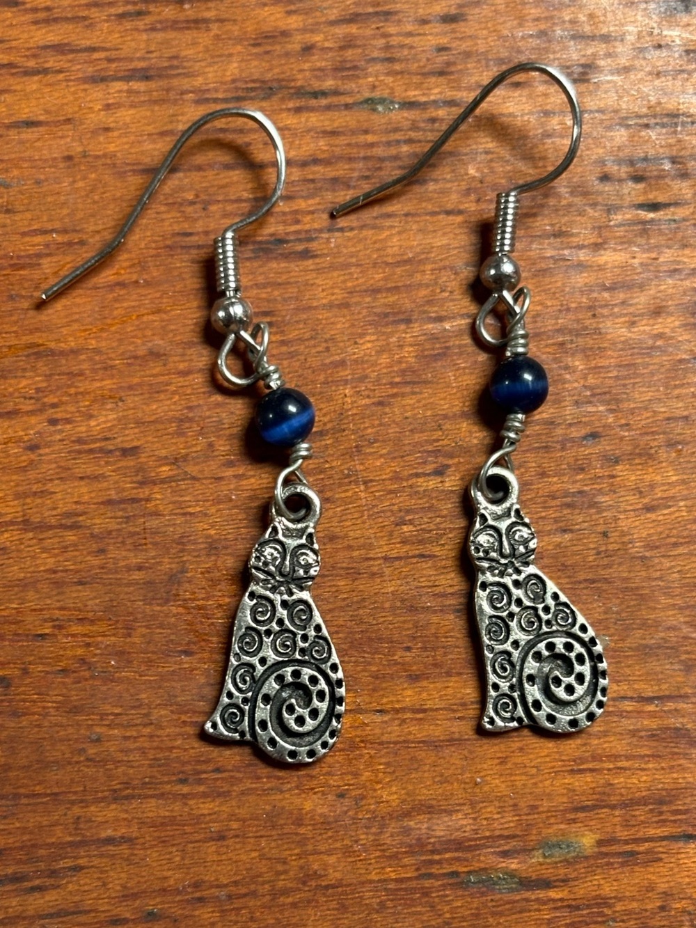 Silver Team JJ Cat Drop Earrings with Blue Bead